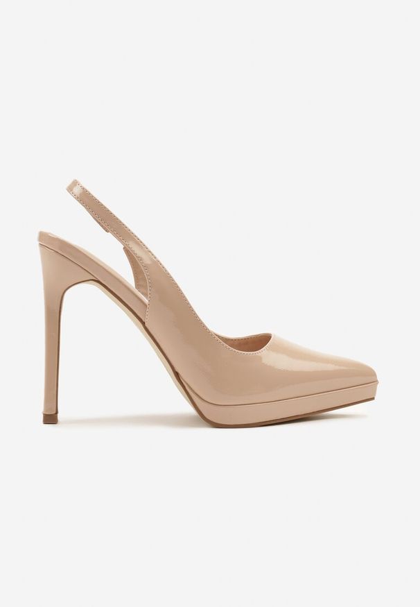 Renee - Beżowe Sandały na Szpilce Lakierowane Typu Slingback Novalise. Okazja: na co dzień. Kolor: beżowy. Materiał: lakier. Wzór: kwiaty. Obcas: na szpilce. Styl: elegancki, casual