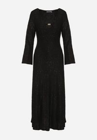 Born2be - Czarna Brokatowa Sukienka w Zebrę o Rozkloszowanym Kroju z Długim Rękawem Mevenna. Okazja: na co dzień. Kolor: czarny. Długość rękawa: długi rękaw. Wzór: motyw zwierzęcy. Typ sukienki: proste. Styl: casual, elegancki #4