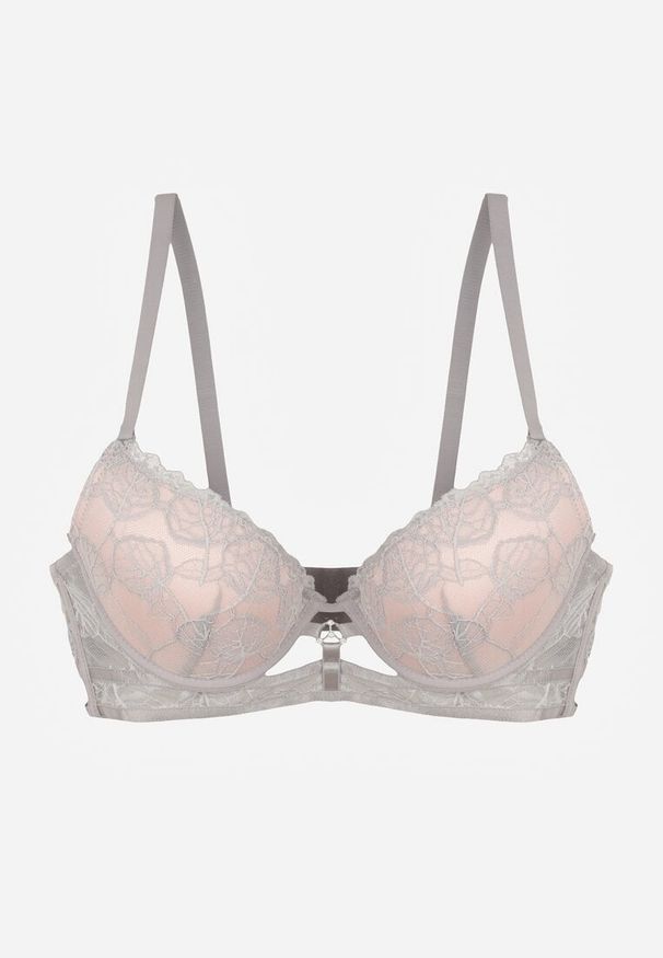 Renee - Szaro-Różowy Koronkowy Biustonosz w Klasycznym Stylu z Aplikacją Galinassa. Kolor: szary. Materiał: koronka. Wzór: aplikacja