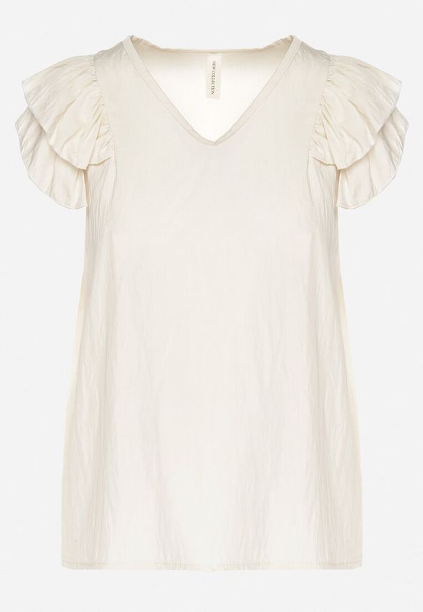 Born2be - Jasnobeżowa Bluzka z Wiskozą Ozdobiona Falbankami Divestra. Okazja: na co dzień. Typ kołnierza: kołnierz z falbankami. Kolor: beżowy. Materiał: wiskoza. Wzór: aplikacja. Sezon: lato. Styl: elegancki, casual