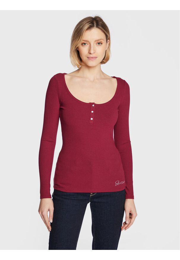 Guess Bluzka Karlee Jewel W2YP46 KBCO2 Bordowy Slim Fit. Kolor: czerwony. Materiał: wiskoza