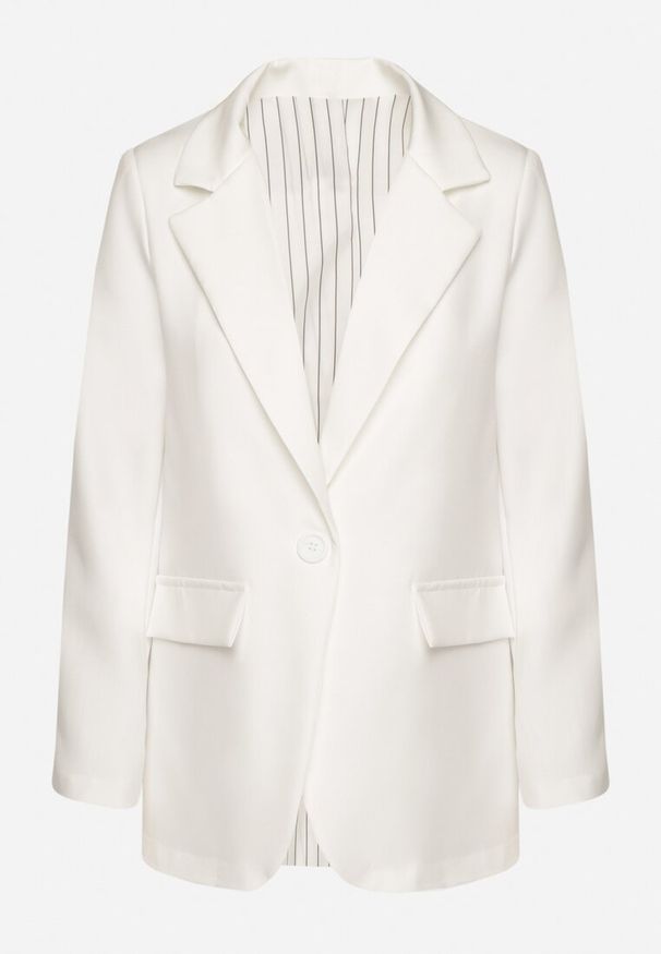 Born2be - Biała Marynarka Jednorzędowa ze Wzorem Pasków Viviella. Okazja: na spotkanie biznesowe, na co dzień. Kolor: biały. Materiał: jeans. Styl: elegancki, casual, klasyczny, biznesowy