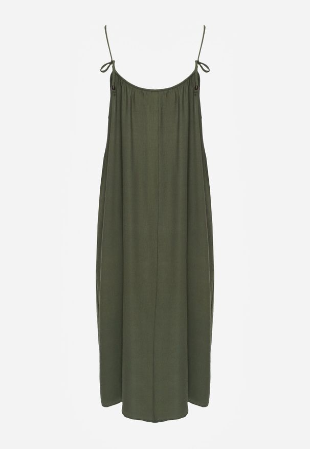 Born2be - Zielona Pudełkowa Sukienka Boho z Wiskozy na Ramiączkach z Ozdobnymi Koralikami Erane. Okazja: na co dzień. Kolekcja: plus size. Kolor: zielony. Materiał: wiskoza. Długość rękawa: na ramiączkach. Typ sukienki: proste, dla puszystych. Styl: boho