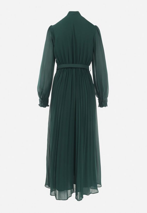 Born2be - Ciemnozielona Rozkloszowana Sukienka Maxi z Plisowanym Dołem i Paskiem Brofilla. Okazja: na co dzień. Kolor: zielony. Materiał: poliester. Wzór: aplikacja. Styl: klasyczny, casual. Długość: maxi