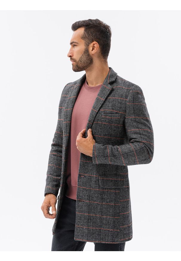 Ombre Clothing - Jednorzędowy płaszcz męski w kratę - czarny V2. Kolor: czarny. Materiał: akryl, poliester. Styl: klasyczny
