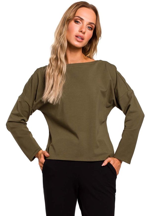MOE - Khaki Bazowa Bluzka Oversize z Dekoltem na Plecach. Kolor: brązowy. Materiał: elastan, bawełna