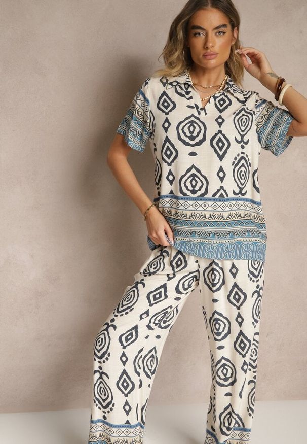 Renee - Niebieski Komplet z Wiskozy Luźne Spodnie i Bluzka w Print Boho Ralkio. Kolor: niebieski. Materiał: wiskoza. Wzór: nadruk