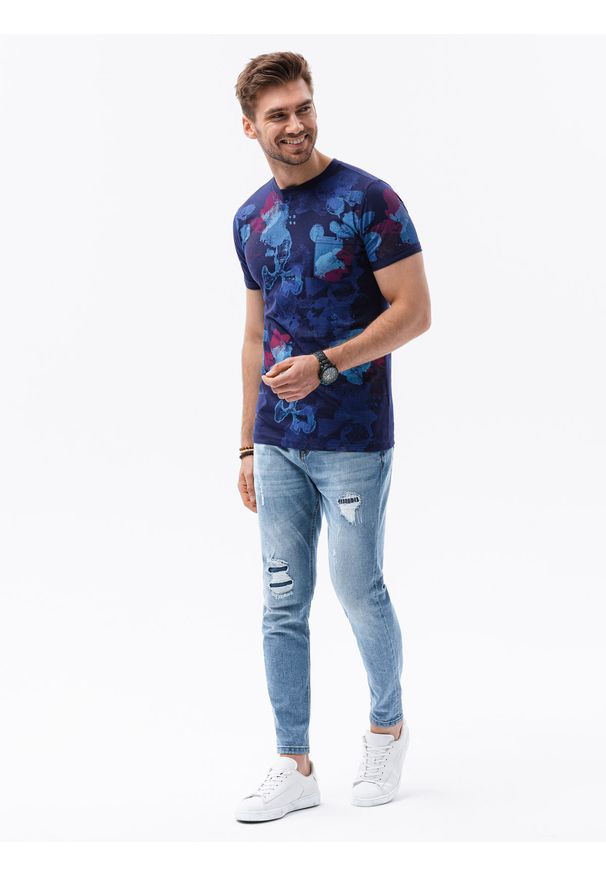 Ombre Clothing - T-shirt męski z nadrukiem S1377 - ciemnoniebieski - XXL. Kolor: niebieski. Materiał: bawełna, poliester. Wzór: nadruk