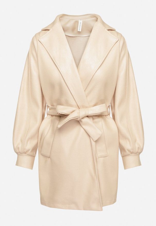 Born2be - Beżowy Płaszcz z Wiązanym Paskiem i Bufiastym Rękawem Imgrucu. Typ kołnierza: kołnierzyk stójkowy. Kolor: beżowy. Materiał: tkanina, jeans. Długość: długie. Sezon: wiosna, jesień