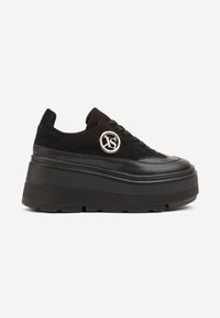 Renee - Czarne Chunky Sneakersy Vices na Platformie z Okrągłym Detalem Sedvira. Okazja: na spacer. Nosek buta: okrągły. Kolor: czarny. Materiał: jeans, koronka, skóra. Obcas: na platformie. Sport: turystyka piesza