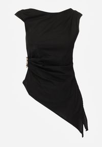 Renee - Czarna Marszczona Asymetryczna Bluzka z Bawełny z Ozdobą 3D Thellike. Okazja: na imprezę. Kolor: czarny. Materiał: bawełna. Wzór: aplikacja #3