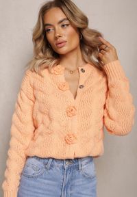 Renee - Pomarańczowy Kardigan z Miękkiej Dzianiny w Kwiaty Nufreda. Kolor: pomarańczowy. Materiał: dzianina. Wzór: kwiaty #2