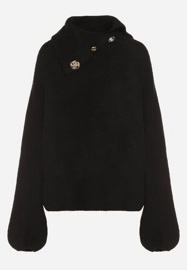 Born2be - Czarny Golf z Wełną i Metalicznymi Guzikami Vidora. Okazja: na co dzień. Typ kołnierza: golf. Kolor: czarny. Materiał: wełna. Wzór: aplikacja. Styl: casual, elegancki