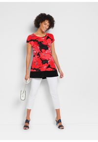 bonprix - Długi shirt z szyfonem. Kolor: czarny. Materiał: szyfon. Długość: długie. Wzór: nadruk. Sezon: lato