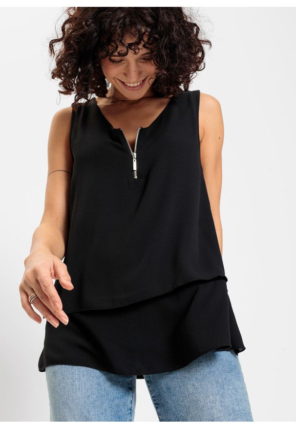 bonprix - Top z zamkiem. Typ kołnierza: dekolt w serek. Kolor: czarny. Materiał: wiskoza