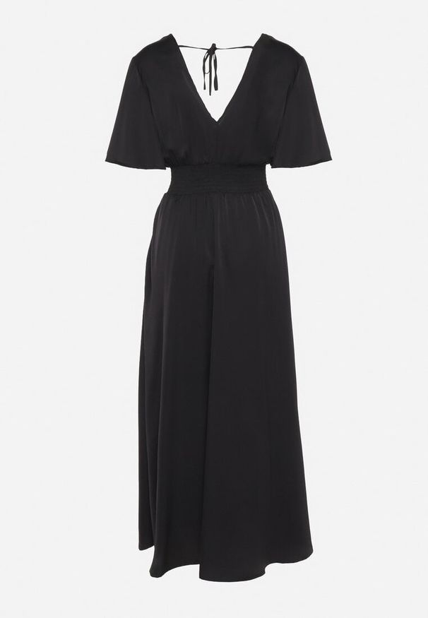 Born2be - Czarna Sukienka z Rozkloszowanymi Rękawami Gumką w Pasie i Wiązaniem na Plecach Larielle. Okazja: na co dzień, na imprezę. Typ kołnierza: dekolt w kształcie V. Kolor: czarny. Materiał: bawełna. Typ sukienki: proste. Styl: elegancki, casual