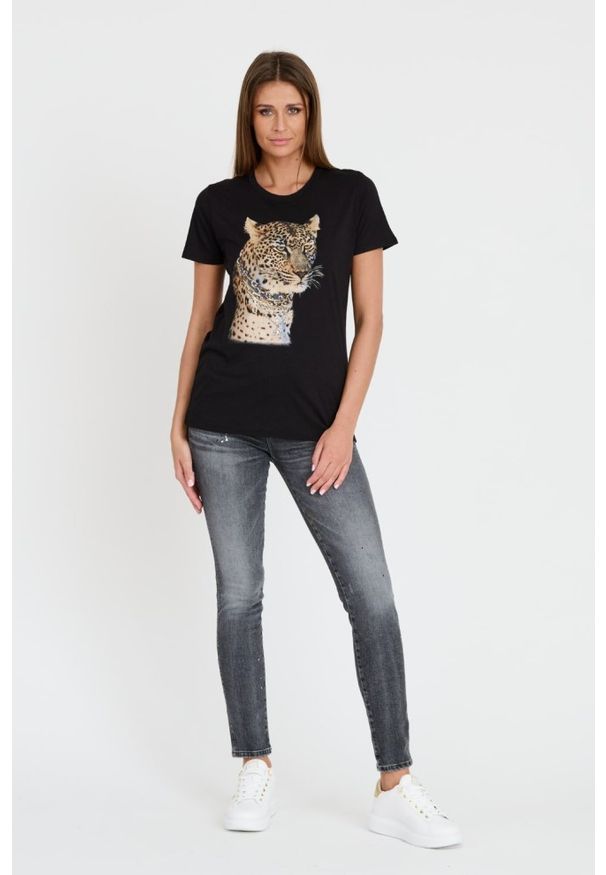 Guess - GUESS Czarny damski T-shirt Leopard Jewel Easy Tee, Rozmiar S. Kolor: czarny