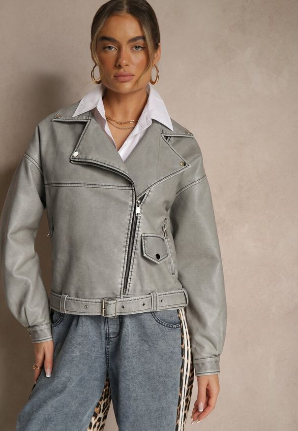 Renee - Szara Kurtka o Kroju Ramoneski z Paskiem z Klamrą Nalivra. Okazja: na co dzień. Kolor: szary. Materiał: poliester, jeans. Sezon: wiosna. Styl: klasyczny, elegancki, casual