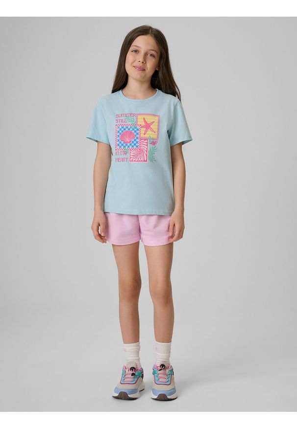 4f - 4F T-shirt regular z nadrukiem dziewczęcy - niebieski 134 (8-9 lat). Okazja: na uczelnię, na co dzień. Kolor: niebieski. Materiał: materiał, bawełna, dresówka, dzianina, skóra. Wzór: nadruk. Sezon: lato. Styl: klasyczny, casual