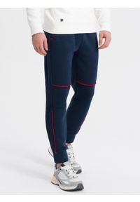 Ombre Clothing - Spodnie męskie dresowe z kontrastowymi przeszyciami - granatowe V4 OM-PASK-0145 - XXL. Kolor: niebieski. Materiał: dresówka #2