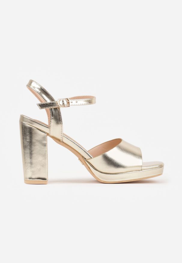 Renee - Złote Sandały VICES na Słupku z Grubą Podeszwą i Skórzaną Wkładką Aziluna. Zapięcie: pasek. Kolor: złoty. Materiał: skóra. Obcas: na słupku. Styl: elegancki