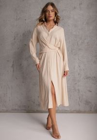 Renee - Beżowa Koszulowa Sukienka z Wiskozy z Asymetrycznym Drapowaniem i Guzikiem Hetasa. Okazja: na co dzień. Kolor: beżowy. Materiał: wiskoza. Długość rękawa: długi rękaw. Typ sukienki: asymetryczne, koszulowe. Styl: casual, elegancki #6