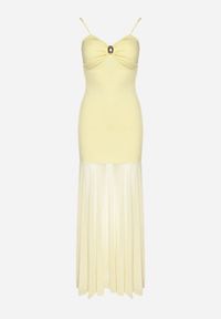 Born2be - Żółta Sukienka na Ramiączkach z Wiskozą Zdobiona Aplikacją i Siateczką Savaleira. Okazja: na co dzień. Typ kołnierza: dekolt w kształcie V. Kolor: żółty. Materiał: wiskoza. Długość rękawa: na ramiączkach. Wzór: aplikacja. Styl: klasyczny, casual, elegancki #2