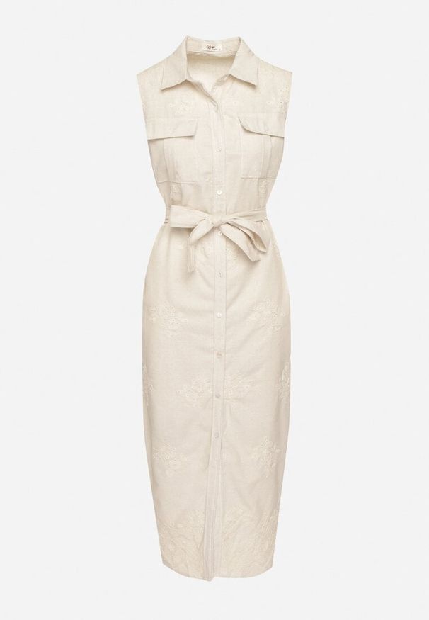 Born2be - Beżowa Koszulowa Sukienka z Bawełny Ozdobiona Paskiem Kolireia. Kolor: beżowy. Materiał: bawełna. Wzór: aplikacja. Typ sukienki: koszulowe. Styl: elegancki