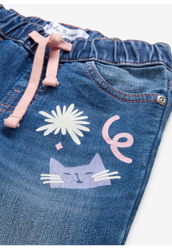 bonprix - Dżinsy z prostymi nogawkami mid waist. Kolor: niebieski. Wzór: nadruk