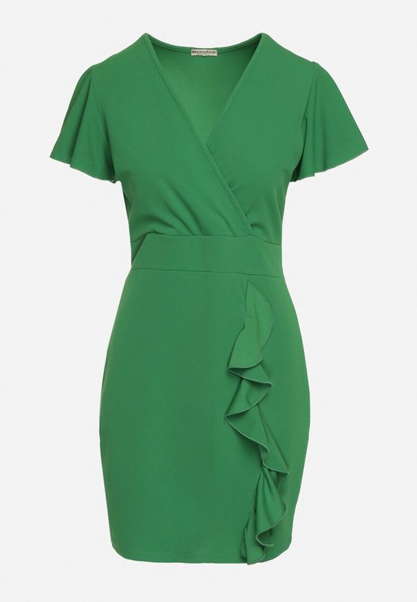 Born2be - Zielona Dopasowana Sukienka Mini z Kopertowym Dekoltem i Ozdobną Falbanką Gwendara. Kolor: zielony. Typ sukienki: kopertowe. Styl: elegancki. Długość: mini
