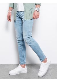 Ombre Clothing - Spodnie męskie jeansowe z przetarciami i dziurami SKINNY FIT P936 - niebieskie - XXL. Kolor: niebieski. Materiał: jeans