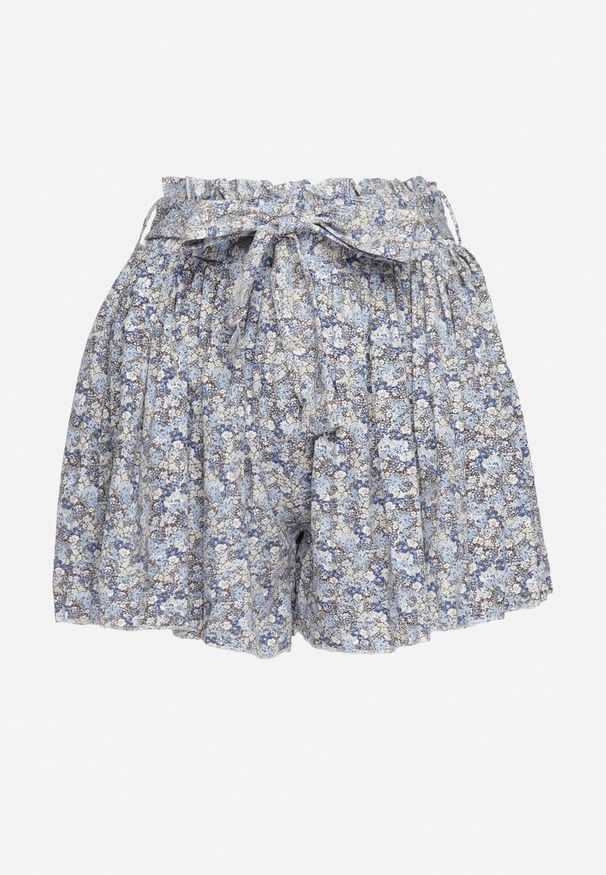 Born2be - Niebieskie Szerokie Szorty Plisowane z Wysokim Stanem z Gumką w Pasie i Materiałowym Paskiem Cersefia. Okazja: na co dzień. Stan: podwyższony. Kolor: niebieski. Materiał: materiał. Wzór: jednolity. Styl: elegancki, casual