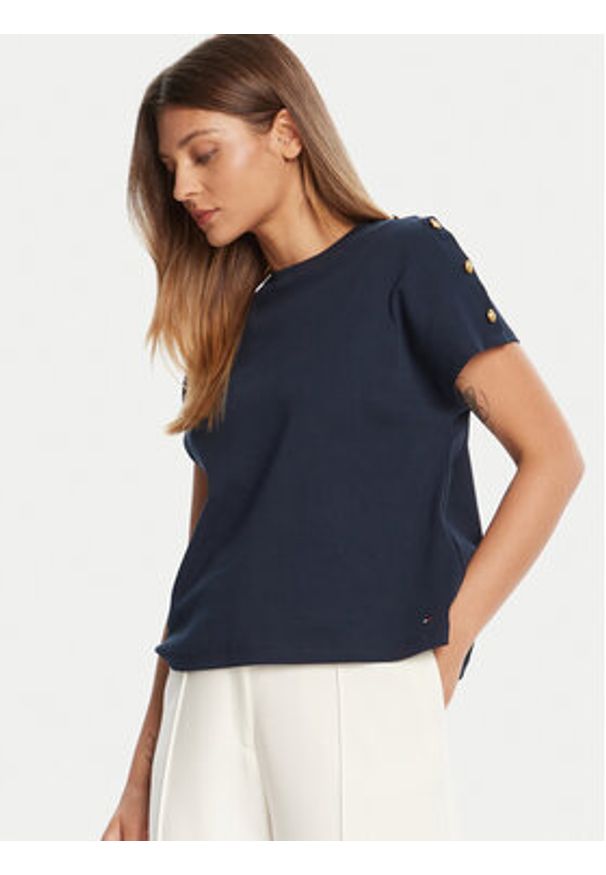 TOMMY HILFIGER - Tommy Hilfiger T-Shirt Gold Button WW0WW47455 Granatowy Regular Fit. Kolor: niebieski. Materiał: bawełna