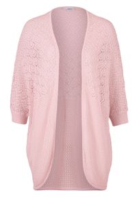 Sweter bez zapięcia bonprix pastelowy jasnoróżowy. Kolor: różowy. Długość rękawa: krótki rękaw. Długość: krótkie. Wzór: ażurowy #1