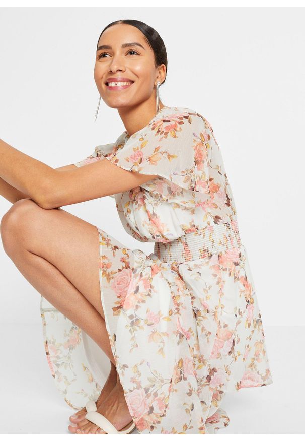 bonprix - Sukienka midi z falbanami. Typ kołnierza: dekolt w serek. Kolor: biały. Wzór: kwiaty. Długość: midi