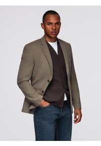Ombre Clothing - Męska elegancka marynarka SLIM FIT z rayonem – oliwkowa V5 - Rozmiar: XL. Kolor: oliwkowy. Materiał: materiał, tkanina, poliester. Wzór: ze splotem. Styl: elegancki