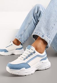 Born2be - Biało-Niebieskie Sneakersy na Grubej Podeszwie z Materiałowymi Wstawkami Kendria. Kolor: biały. Materiał: materiał #1