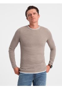 Ombre Clothing - Bawełniany sweter męski z okrągłym dekoltem - zimny beż V9 OM-SWSW-0103 - XXL. Kolor: beżowy. Materiał: bawełna. Styl: klasyczny #4