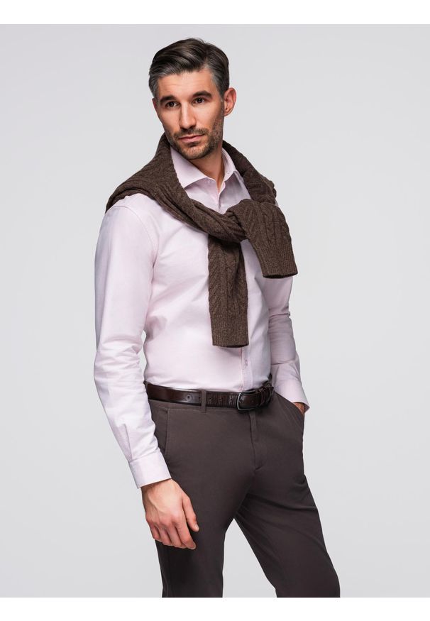 Ombre Clothing - Bawełniana pastelowa męska koszula typu oxford – jasnoróżowa V1 - Rozmiar: XL. Kolor: różowy. Materiał: bawełna. Wzór: aplikacja, ze splotem. Styl: klasyczny, elegancki