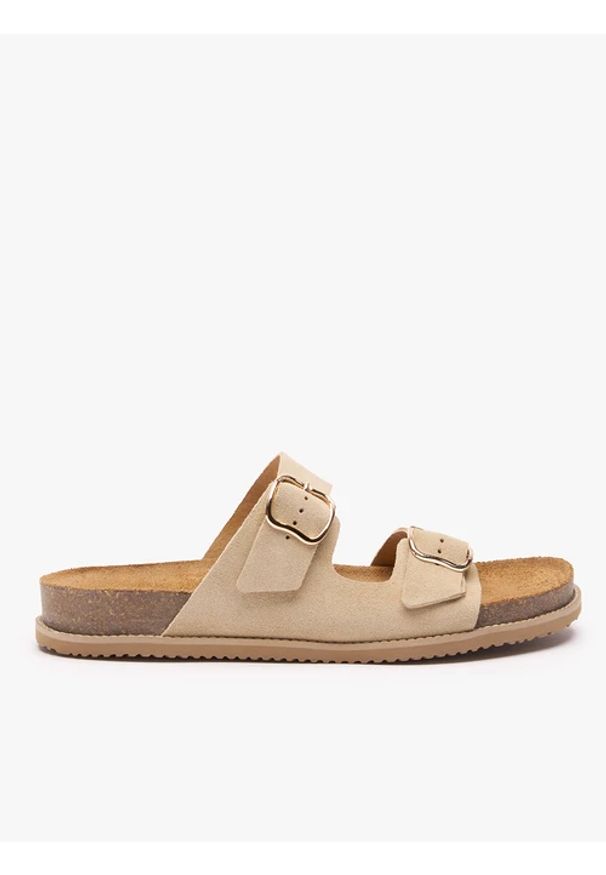 Ryłko - Piaskowe klapki z dwoma paskami. Nosek buta: okrągły. Kolor: beżowy. Materiał: skóra, welur. Wzór: paski. Sezon: lato. Styl: street, klasyczny, elegancki
