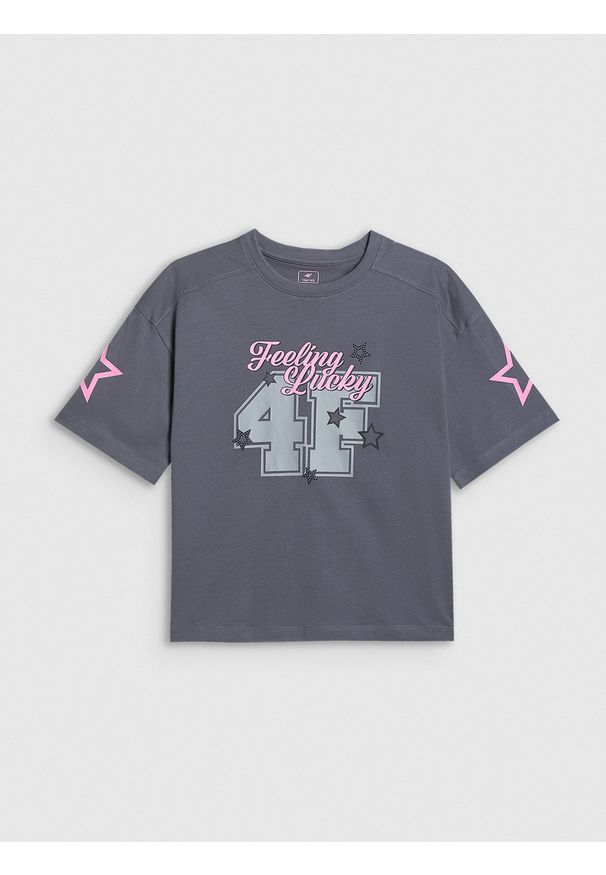 4f - 4F T-shirt loose z nadrukiem dziewczęcy - szary 146/152 (10-12 lat). Okazja: na co dzień. Kolor: szary. Materiał: dzianina, bawełna. Wzór: nadruk. Sezon: lato. Styl: casual