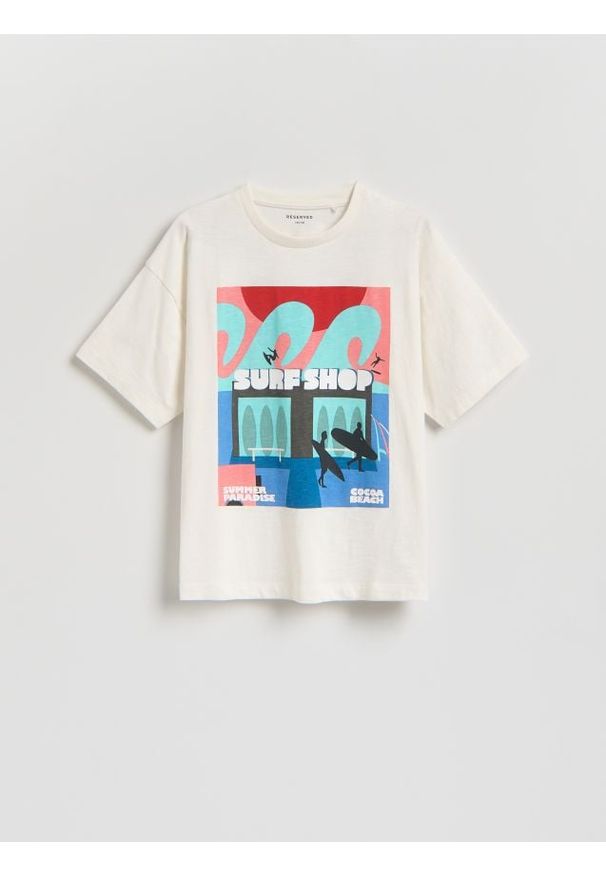 Reserved - Bawełniany t-shirt - złamana biel. Materiał: bawełna