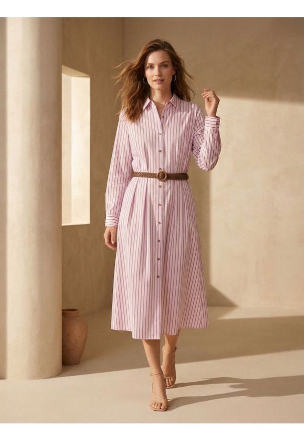 Sinsay - Koszulowa sukienka midi z plecionym paskiem w pionowe paski - wielobarwny. Wzór: paski. Typ sukienki: koszulowe. Długość: midi