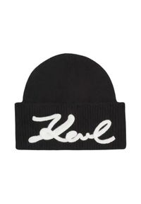 Karl Lagerfeld - KARL LAGERFELD Czarna czapka damska z domieszką wełny. Kolor: czarny. Materiał: wełna. Wzór: aplikacja, haft. Styl: casual, elegancki #3