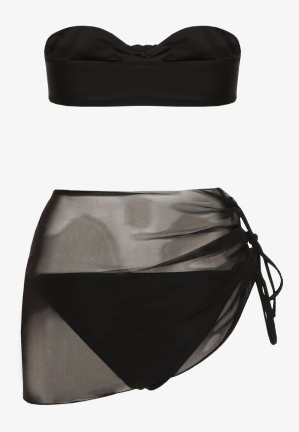 Born2be - Czarne Bikini 3-Częściowe Stanik Wiązany przy Szyi Majtki z Wiązaniami i Pareo Irisanne. Kolor: czarny. Materiał: tkanina. Wzór: aplikacja