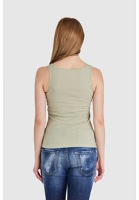 Guess - GUESS Jasnozielony top damski z logo z koralików, Rozmiar M. Kolor: zielony. Materiał: prążkowany, bawełna. Wzór: nadruk