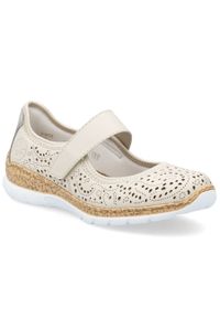 Półbuty damskie komfortowe na rzep ażurowe beżowe Rieker N4299-60. Zapięcie: rzepy. Kolor: beżowy. Materiał: skóra ekologiczna. Wzór: ażurowy #1