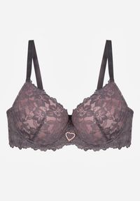Born2be - Szaro-Różowy Biustonosz z Koronką i Sercem z Cyrkonii Coratune. Kolor: szary. Materiał: koronka. Wzór: koronka #7