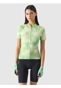 4f - Koszulka rowerowa rozpinana damska - zielona. Kolor: zielony. Materiał: syntetyk, elastan, materiał, włókno, dzianina, skóra. Długość rękawa: krótki rękaw. Długość: krótkie. Wzór: ze splotem, nadruk, gładki. Sport: kolarstwo #1