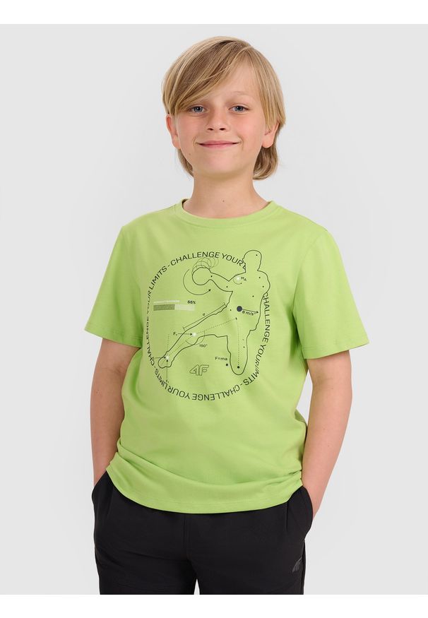 4f - 4F T-shirt regular z nadrukiem chłopięcy - zielony 122 (6-7 lat). Okazja: na co dzień. Kolor: zielony. Materiał: jersey, materiał, bawełna. Długość rękawa: krótki rękaw. Długość: krótkie. Wzór: nadruk. Sezon: lato. Styl: klasyczny, sportowy, casual